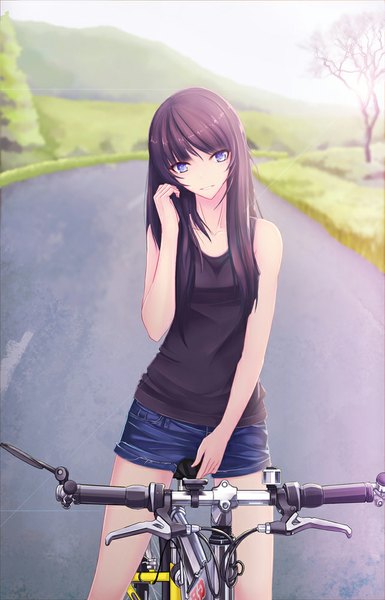 Anime picture 643x1000 with original kyoumu (huangf91) single long hair tall image looking at viewer fringe breasts smile purple eyes sky purple hair outdoors head tilt sunlight sleeveless mountain street girl plant (plants)