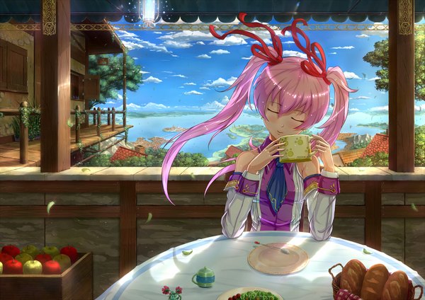 Anime picture 2046x1446 with original kazeno blush highres twintails bare shoulders pink hair cloud (clouds) indoors eyes closed landscape girl ribbon (ribbons) detached sleeves petals food table cup apple house
