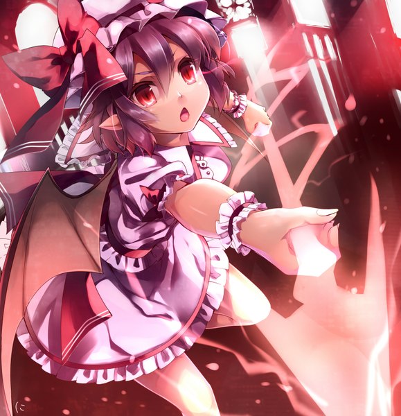 Anime picture 1620x1677 with touhou remilia scarlet niwashi (yuyu) tall image short hair open mouth red eyes purple hair pointy ears girl dress bow weapon wings frills bonnet spear