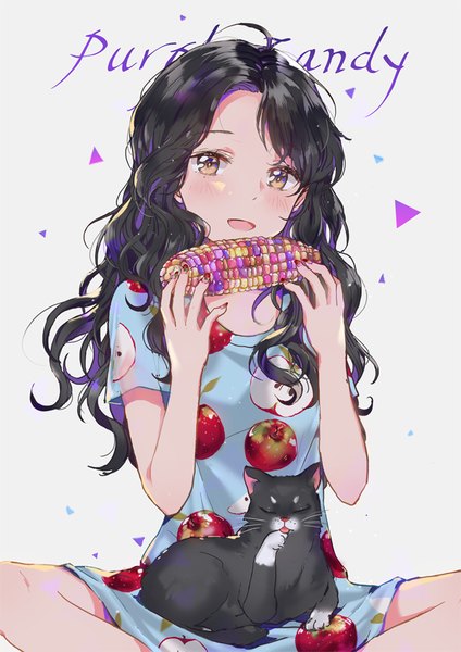 Anime picture 700x991 with original dangmill single long hair tall image looking at viewer blush open mouth black hair simple background sitting brown eyes ahoge nail polish grey background wavy hair food print nail art girl animal