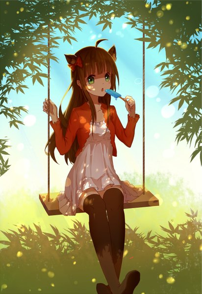 Anime picture 970x1410 with lan jue single long hair tall image looking at viewer blush fringe open mouth brown hair holding green eyes animal ears sky ahoge bent knee (knees) sunlight cat ears cat girl zettai ryouiki crossed legs