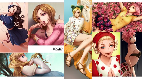 Anime picture 1279x719 with jojo no kimyou na bouken steel ball run jojolion kujo jolyne trish una hirose yasuho yamagishi yukako erina pendleton suzi q lucy steel joka (night gate) long hair looking at viewer short hair blue eyes black hair blonde hair brown hair wide image bare shoulders