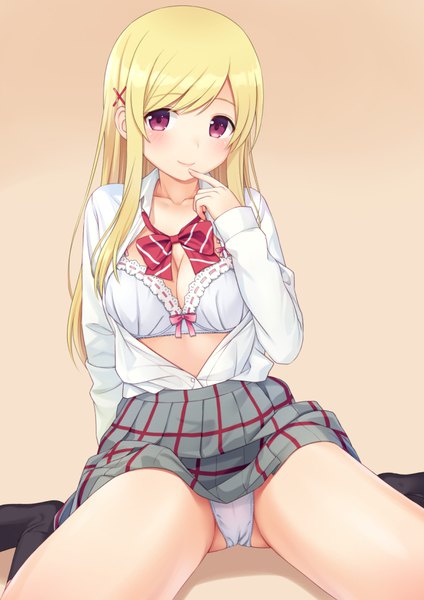 Anime picture 707x1000 with yamada-kun to 7-nin no majo lidenfilms shiraishi urara n.g. single long hair tall image looking at viewer blush fringe breasts light erotic blonde hair simple background large breasts sitting payot long sleeves pleated skirt pink eyes