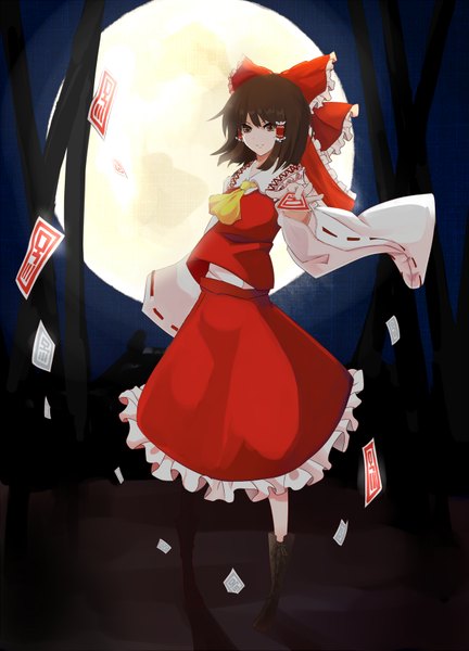 Anime picture 1300x1805 with touhou hakurei reimu 60mai single tall image short hair black hair brown eyes miko girl skirt bow hair bow detached sleeves boots moon skirt set hair tubes ofuda