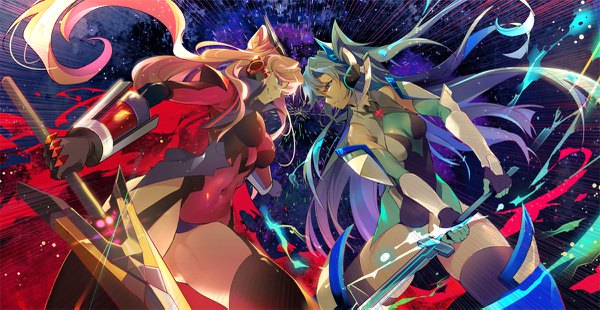 Anime picture 1200x621 with senki zesshou symphogear satelight kazanari tsubasa maria cadenzavuna eve naye long hair fringe breasts blue eyes light erotic smile hair between eyes brown hair wide image multiple girls green hair from below grin covered navel side ponytail