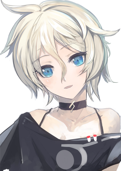 Anime picture 600x848 with vocaloid ia (vocaloid) pupps single tall image looking at viewer short hair blue eyes blonde hair simple background white background upper body alternate hairstyle alternate hair length girl choker blouse