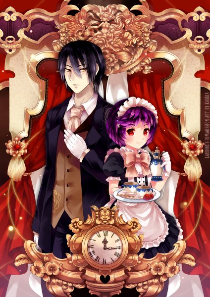 Anime picture 848x1200 with kaskia tall image looking at viewer blush short hair black hair red eyes yellow eyes purple hair light smile maid butler girl boy gloves tray