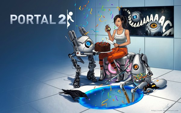 Anime picture 1920x1200 with portal weighted companion cube chell atlas (portal) p-body long hair highres blue eyes black hair wide image sitting ponytail inscription girl sweets knife cake candle (candles) robot crow