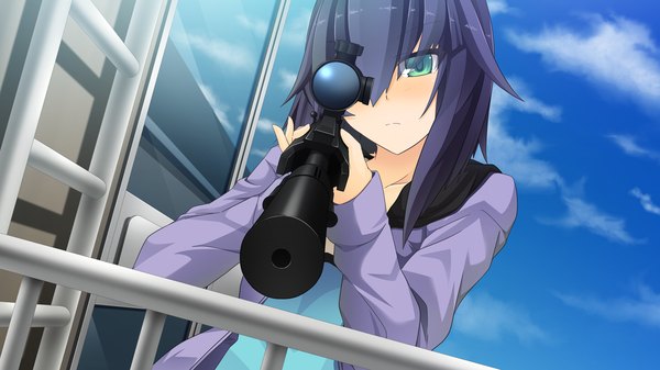 Anime picture 1280x720 with natsuiro asagao residence blush short hair black hair wide image green eyes game cg girl weapon gun