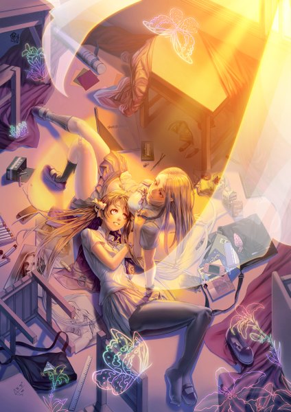 Anime picture 1753x2480 with original b.c.n.y. (bcnyart) long hair tall image highres blonde hair red eyes brown hair multiple girls lying sunlight messy room girl skirt 2 girls miniskirt pantyhose serafuku insect butterfly