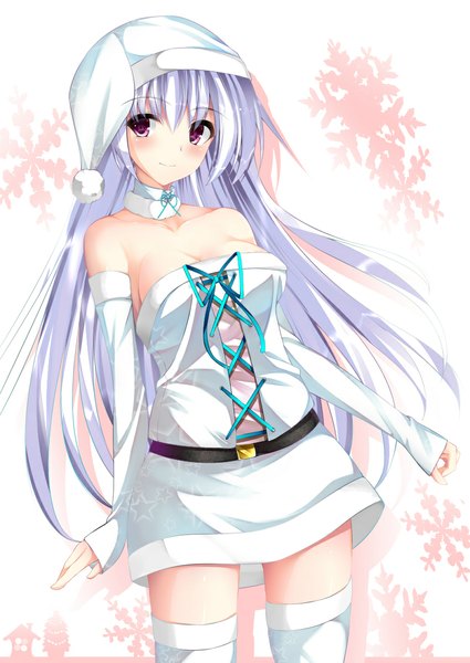 Anime picture 800x1129 with original iori (cpeilad) single long hair tall image looking at viewer blush simple background smile white background purple eyes white hair christmas girl thighhighs dress hat detached sleeves white thighhighs santa claus hat