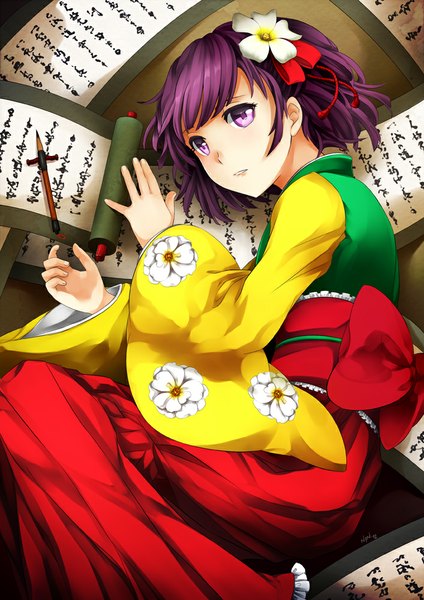 Anime picture 707x1000 with touhou hieda no akyuu ninamo single tall image short hair purple eyes signed purple hair lying traditional clothes japanese clothes hair flower floral print girl hair ornament flower (flowers) bow ribbon (ribbons) hair ribbon