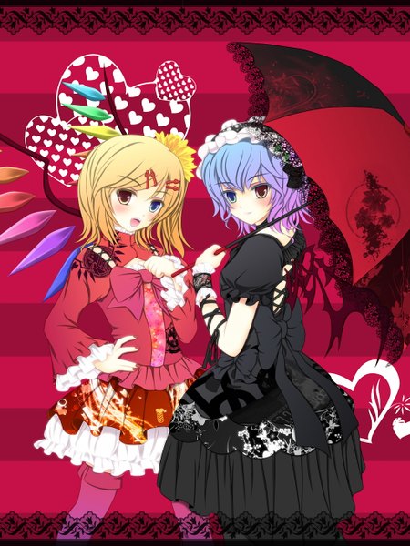 Anime picture 1024x1365 with touhou flandre scarlet remilia scarlet nekokotei tall image blush short hair open mouth blonde hair multiple girls blue hair nail polish heterochromia one side up girl dress bow ribbon (ribbons) 2 girls wings