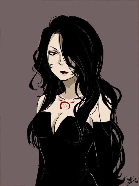 Anime picture 1024x1365 with fullmetal alchemist studio bones lust smeesha1996 single long hair tall image looking at viewer fringe black hair simple background red eyes standing bare shoulders signed hair over one eye grey background lipstick eyebrows girl