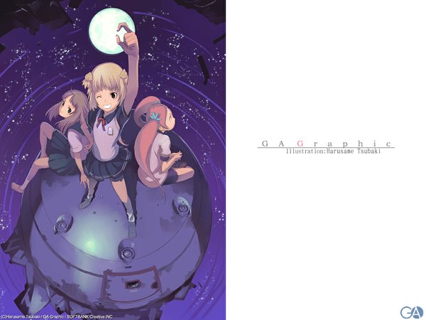 Anime picture 1024x768 with gagraphic tsubaki harusame long hair short hair blonde hair smile brown hair standing sitting twintails multiple girls signed red hair one eye closed arm up from above wallpaper grin girl uniform