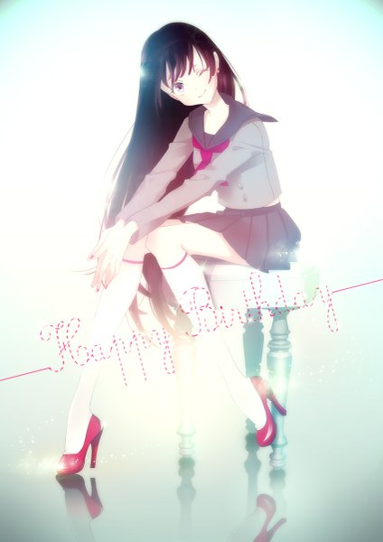 Anime picture 849x1200 with bishoujo senshi sailor moon toei animation hino rei u lon single long hair tall image looking at viewer black hair smile sitting purple eyes bent knee (knees) very long hair head tilt pleated skirt one eye closed wink high heels reflection