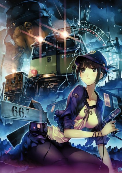 Anime picture 4232x6000 with original vania600 tall image highres short hair black hair absurdres black eyes night light smoking science fiction girl boy uniform weapon microphone peaked cap fanny pack train