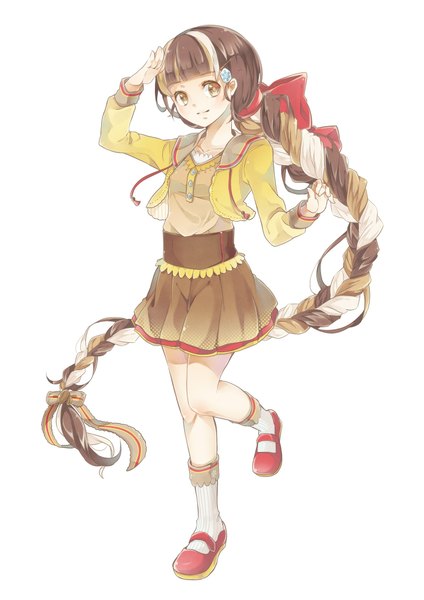 Anime picture 1500x2121 with original yukijirushi yukiko-tan nou single tall image blush fringe simple background white background brown eyes looking away braid (braids) very long hair multicolored hair light smile single braid girl bow hair bow