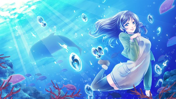 Anime picture 1920x1080 with nagi no asukara p.a. works hiradaira chisaki tagme (artist) single long hair looking at viewer highres blue eyes smile wide image purple hair sunlight underwater sunbeam girl thighhighs black thighhighs water sea