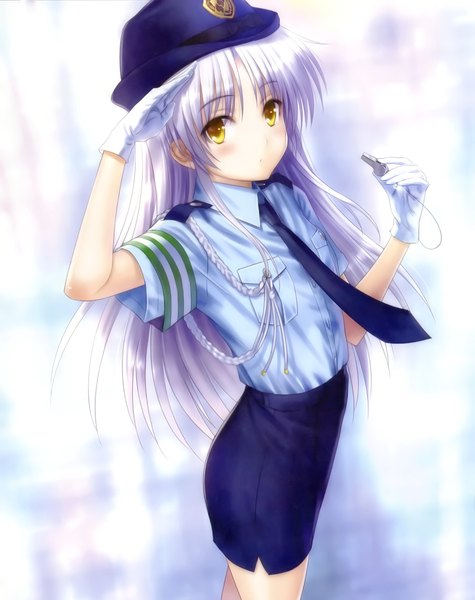 Anime picture 2075x2620 with angel beats! key (studio) tachibana kanade goto p single long hair tall image looking at viewer blush highres yellow eyes white hair scan official art girl skirt gloves uniform necktie white gloves