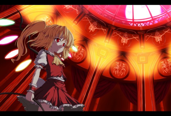 Anime picture 1178x800 with touhou flandre scarlet isatessyu (artist) single blonde hair red eyes skeleton girl skirt weapon wings skirt set lamp laevatein (touhou)