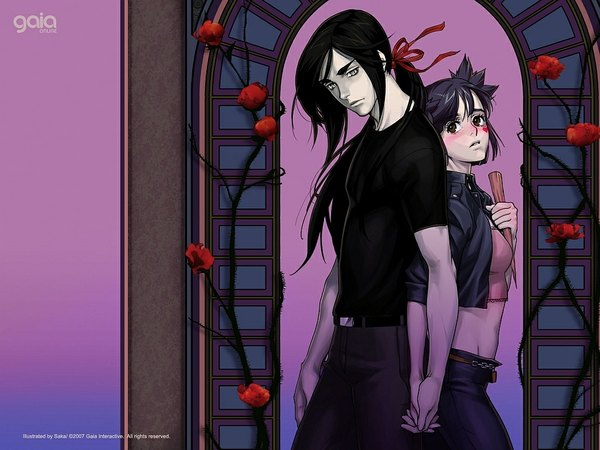 Anime picture 1024x768 with gaia online moira (gaia) louie von helson stake sukinahito (artist) long hair blush short hair black hair simple background standing holding brown eyes blue hair looking away ponytail midriff grey eyes couple holding hands