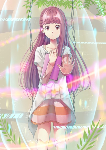 Anime picture 2480x3507 with shelter (music video) rin (shelter) kevin ramadhan single long hair tall image looking at viewer fringe highres purple eyes holding purple hair long sleeves sparkle outstretched arm girl dress plant (plants) chain