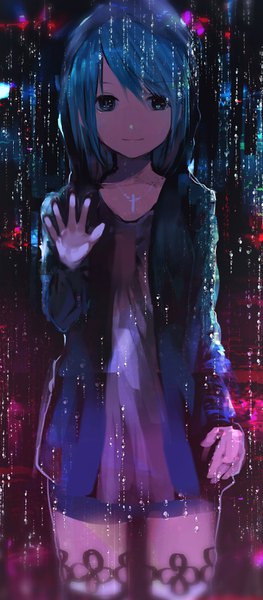 Anime picture 1447x3296 with original tarbo (exxxpiation) single tall image looking at viewer short hair blue eyes blue hair light smile rain girl cross teardrop cross necklace