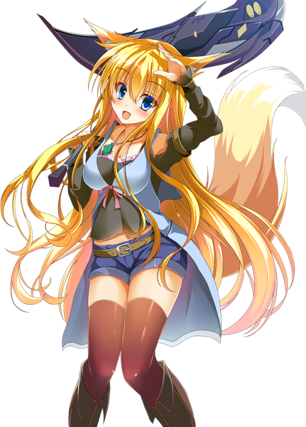 Anime picture 2645x3679 with original kasumi toshizou takataka single long hair tall image looking at viewer blush fringe highres breasts open mouth blue eyes blonde hair smile hair between eyes holding animal ears tail head tilt