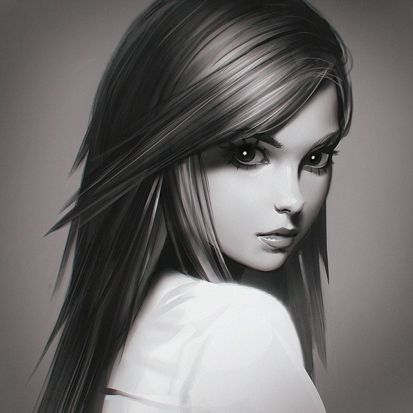 Anime picture 1080x1080 with original ilya kuvshinov single long hair looking at viewer simple background upper body looking back lips realistic grey background monochrome portrait girl