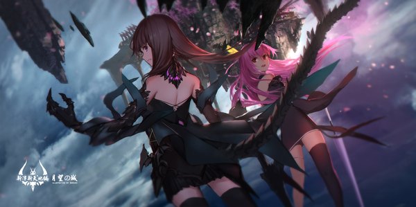 Anime picture 1701x850 with original pixiv fantasia pixiv fantasia t swd3e2 long hair looking at viewer fringe highres open mouth hair between eyes red eyes brown hair wide image standing bare shoulders multiple girls holding signed payot pink hair
