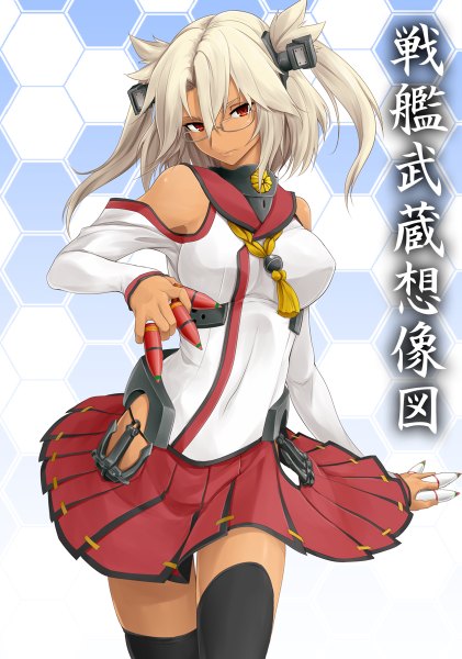 Anime picture 842x1200 with kantai collection musashi super battleship musashi (kantai collection) raid zero single long hair tall image looking at viewer breasts blonde hair red eyes large breasts inscription two side up zettai ryouiki girl thighhighs skirt black thighhighs glasses