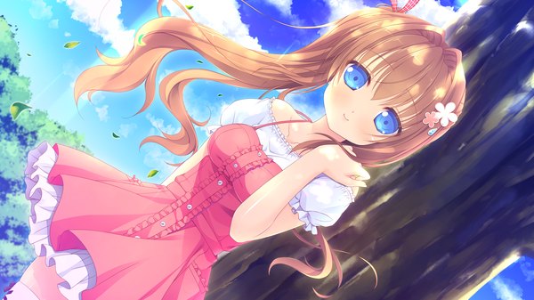 Anime picture 2560x1440 with loverec alcot yashinaga chiho narumi yuu (bunbukudou) single long hair looking at viewer blush fringe highres breasts blue eyes smile brown hair wide image game cg sky cloud (clouds) wind dutch angle