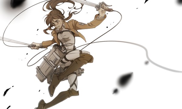 Anime picture 1280x768 with shingeki no kyojin production i.g sasha blouse kiu single simple background brown hair wide image white background holding brown eyes ponytail looking down dual wielding girl weapon sword jacket knee boots