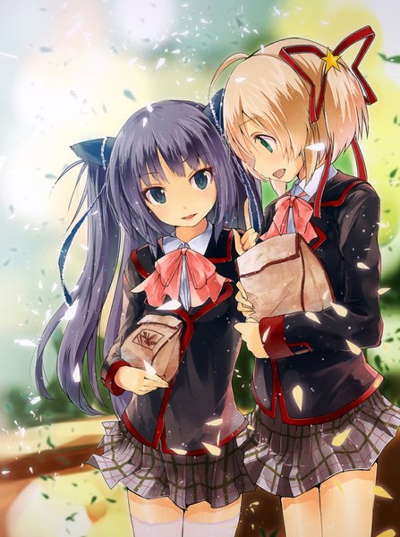 Anime picture 823x1104 with little busters! key (studio) kamikita komari sasasegawa sasami yae (mono110) long hair tall image fringe short hair open mouth blue eyes blonde hair smile multiple girls looking away purple hair pleated skirt wind two side up plaid skirt