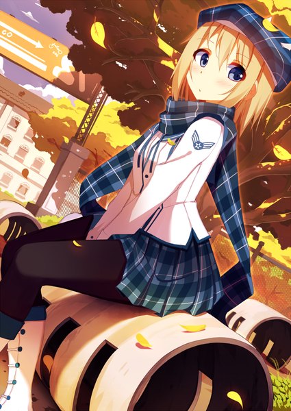Anime picture 700x989 with original riki-to single tall image looking at viewer short hair blue eyes blonde hair sitting girl skirt pantyhose scarf leaf (leaves) beret plaid scarf