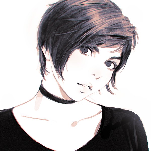 Anime picture 1080x1080 with original ilya kuvshinov single looking at viewer short hair simple background white background parted lips head tilt monochrome portrait girl choker