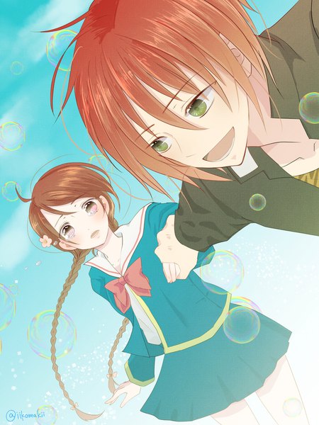 Anime picture 1500x2000 with prince of tennis ryuuzaki sakuno tooyama kintarou komaki (pixiv1403406) long hair tall image fringe short hair open mouth hair between eyes brown hair green eyes signed ahoge red hair braid (braids) pink eyes twitter username twin braids holding hands