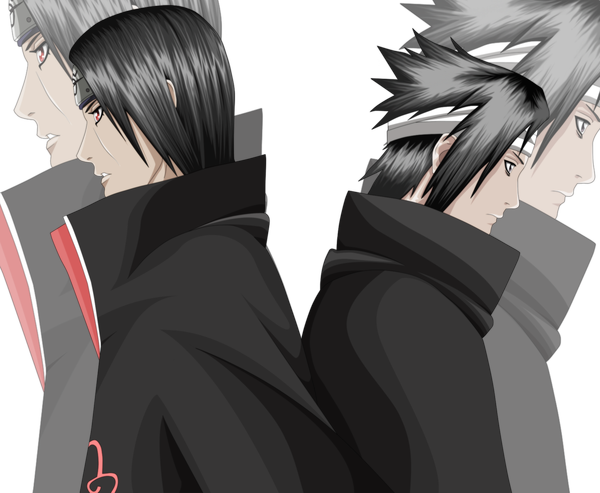 Anime picture 1750x1438 with naruto studio pierrot naruto (series) uchiha sasuke uchiha itachi xiao777 highres short hair black hair red eyes profile black eyes coloring transparent background zoom layer back to back akatsuki sharingan boy cloak