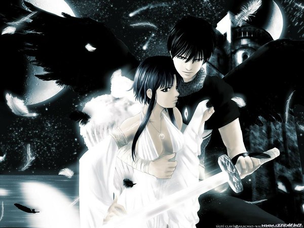 Anime picture 1024x768 with tagme (artist) short hair black hair sky night couple black wings white wings angel girl dress boy weapon sword white dress moon feather (feathers) castle