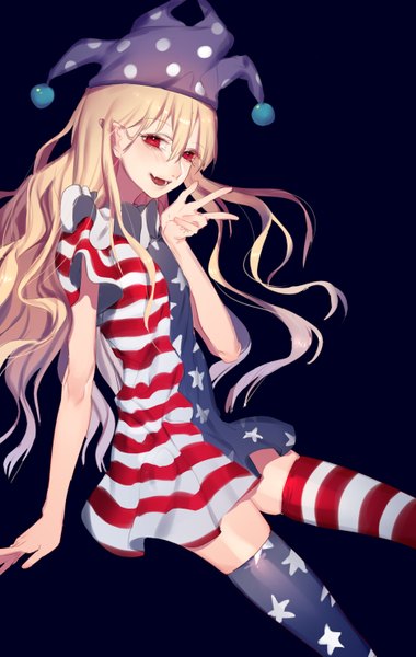 Anime picture 938x1480 with touhou clownpiece tian (my dear) single long hair tall image looking at viewer blush open mouth blonde hair simple background hair between eyes red eyes sitting pointy ears fang (fangs) zettai ryouiki black background victory striped