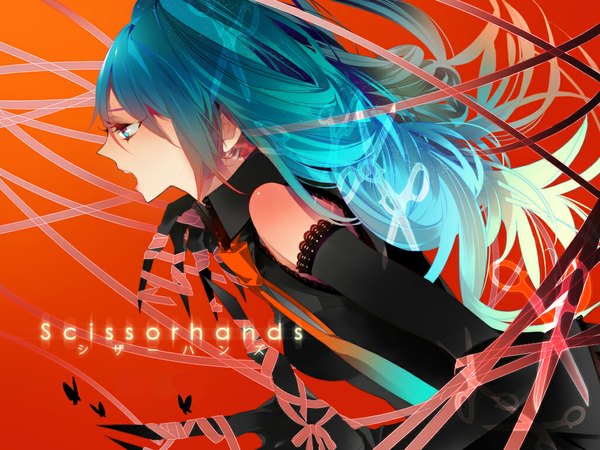 Anime picture 1024x768 with vocaloid scissorhands (vocaloid) hatsune miku kanamura ren long hair open mouth twintails profile aqua eyes aqua hair girl ribbon (ribbons) detached sleeves insect butterfly