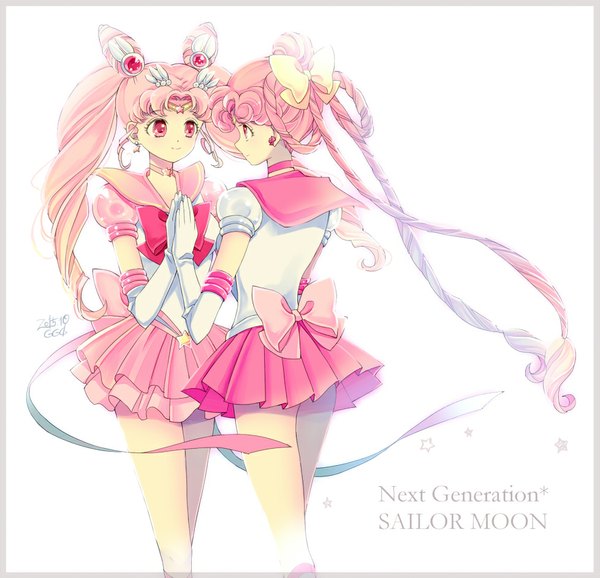 Anime picture 979x944 with bishoujo senshi sailor moon toei animation chibiusa sailor chibi moon sailor ceres super sailor chibi moon (stars) saki (hxaxcxk) long hair simple background smile red eyes standing white background twintails multiple girls pink hair profile pleated skirt pink eyes light smile