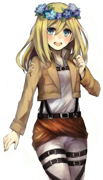 Anime picture 678x1179 with shingeki no kyojin production i.g krista lenz mukimuki mayuge single long hair tall image looking at viewer blush open mouth blue eyes simple background blonde hair white background open clothes open jacket girl uniform flower (flowers) jacket