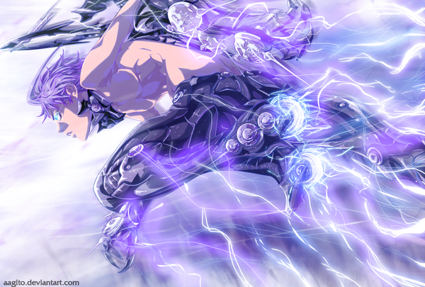 Anime picture 1600x1082 with air gear toei animation nue (air gear) aagito single short hair blue eyes simple background bare shoulders signed looking away purple hair profile bare belly coloring magic running lightning boy roller skates