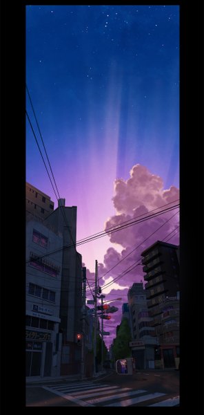 Anime picture 1240x2513 with original kuronokuro tall image sky cloud (clouds) sunlight realistic city glowing hieroglyph border light cityscape no people street crosswalk twilight plant (plants) tree (trees) building (buildings)