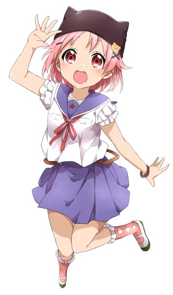 Anime picture 1173x1993 with gakkou gurashi! takeya yuki sekina single tall image blush short hair open mouth simple background standing white background pink hair bent knee (knees) pink eyes from above standing on one leg :3 star print girl skirt