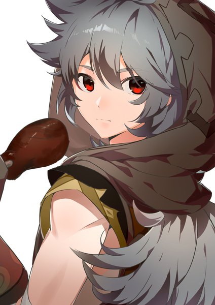Anime picture 2894x4093 with genshin impact razor (genshin impact) kiaomiyouji single long hair tall image looking at viewer fringe highres simple background hair between eyes red eyes white background upper body looking back grey hair boy food hood meat