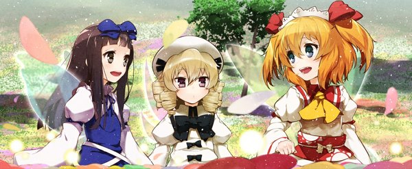 Anime picture 1178x486 with touhou star sapphire luna child sunny milk thomas.yym long hair short hair open mouth blue eyes black hair blonde hair smile red eyes wide image multiple girls brown eyes teeth fang (fangs) two side up drill hair