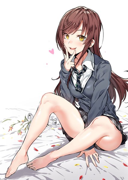 Anime picture 1213x1709 with idolmaster idolmaster shiny colors oosaki amana yuran (cozyquilt) single long hair tall image looking at viewer blush fringe light erotic simple background smile hair between eyes brown hair white background sitting yellow eyes full body pleated skirt
